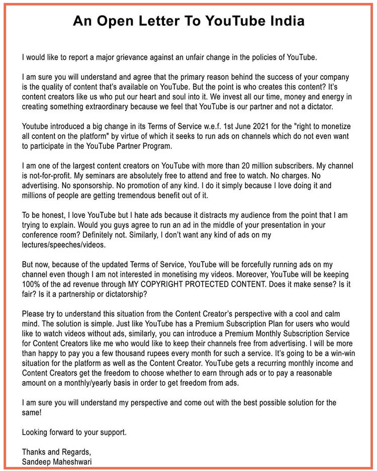 An open letter to YouTube by Sandeep Maheshwari