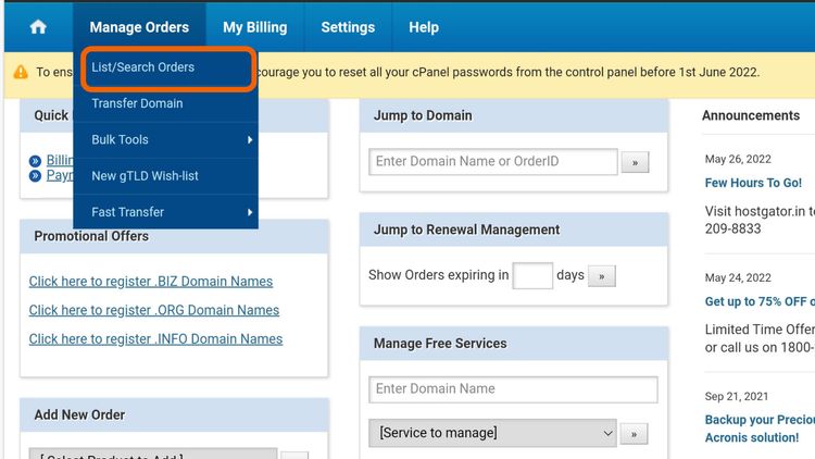 Reset cpanel password